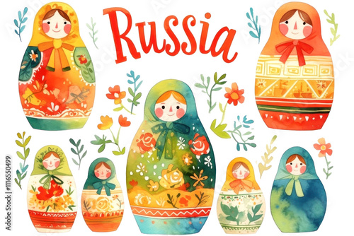Charming watercolor Matryoshka dolls set against a floral backdrop, capturing the essence of Russian ar