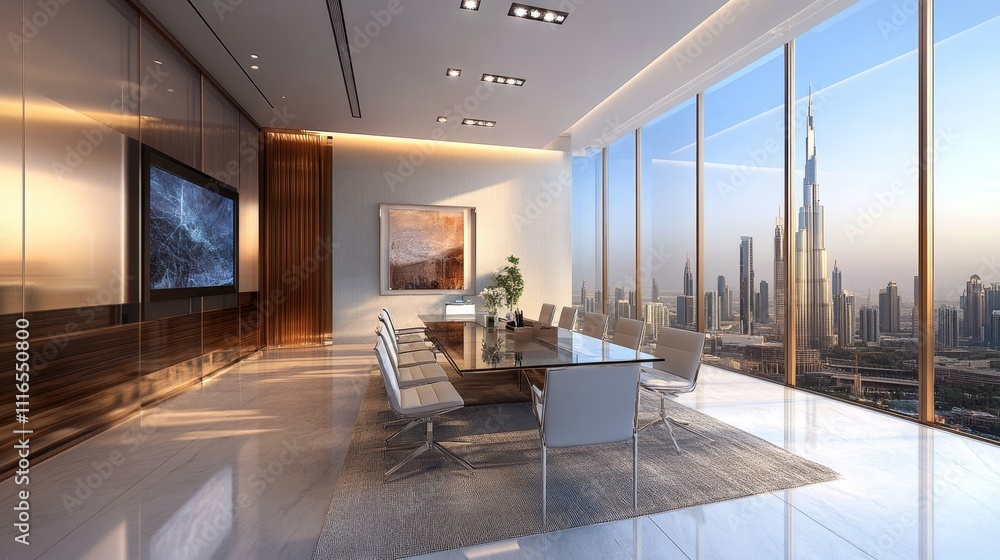 Fototapeta premium Elegant Conference Room with Large Glass Table and City View