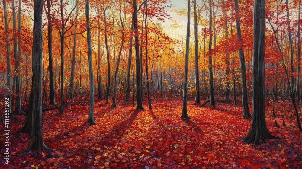 Obraz premium Vibrant Autumn Forest with Red, Orange, and Yellow Leaves at Sunset
