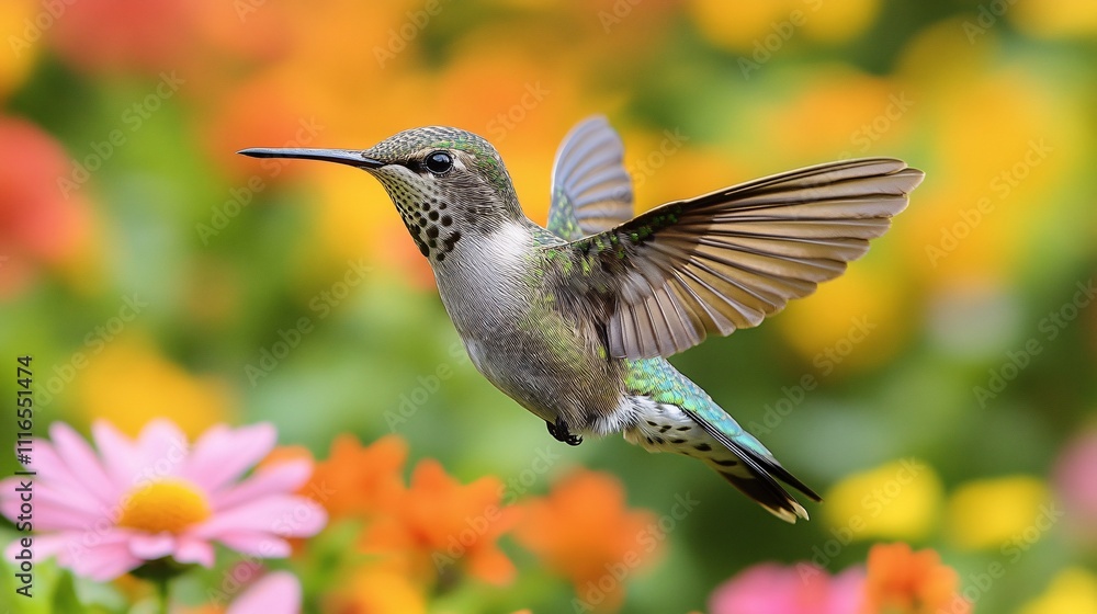 Naklejka premium A hummingbird hovering near a vibrant garden of blooming flowers