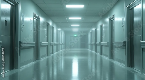 Wallpaper Mural Dimly lit hospital corridor creates an eerie atmosphere with fog and closed doors Torontodigital.ca