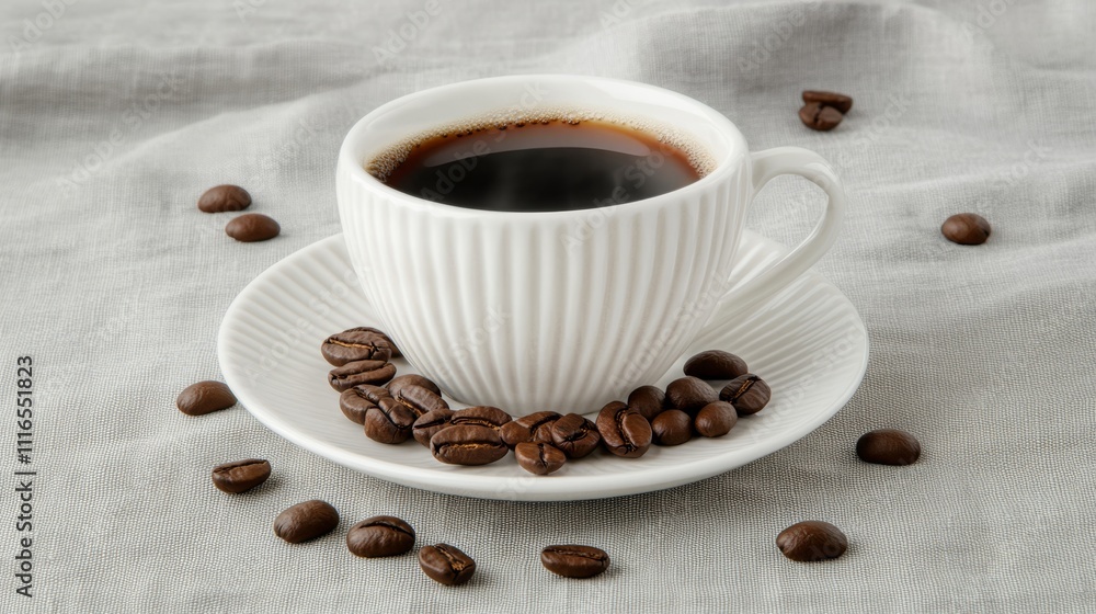 Fototapeta premium Freshly Brewed Coffee in White Cup on Saucer with Coffee Beans
