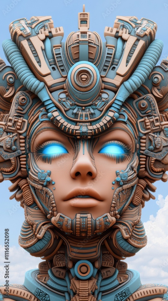 Fototapeta premium Futuristic cybernetic face with intricate mechanical details and glowing blue eyes, AI