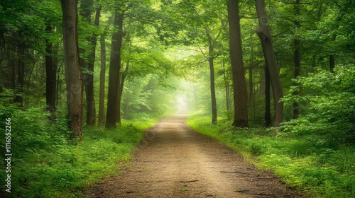 Misty Forest Path Surrounded by Lush Greenery and Tranquil Nature