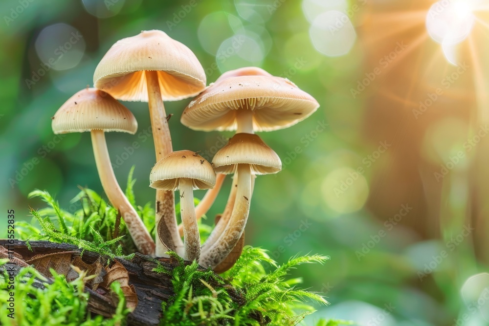 Fototapeta premium Clusters of mushrooms thrive on a decaying log, surrounded by vibrant green moss, illuminated by the soft light of the morning sun filtering through the forest.