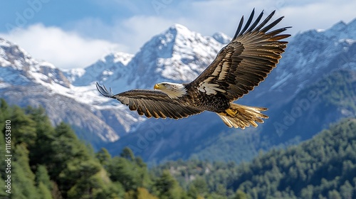 A bald eagle soaring high above a picturesque mountain range