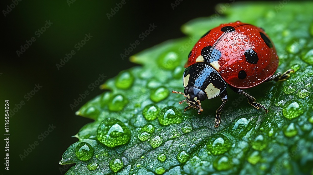 Fototapeta premium A ladybug crawling on a vibrant green leaf