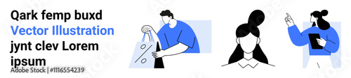 Man carrying shopping bags, portrait of a woman, and woman holding a tablet and pointing. Ideal for e-commerce, team discussions, user interface, avatars, online shopping, presentations digital art