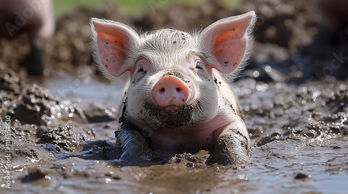 A piglet playfully rolling around in the mud photo