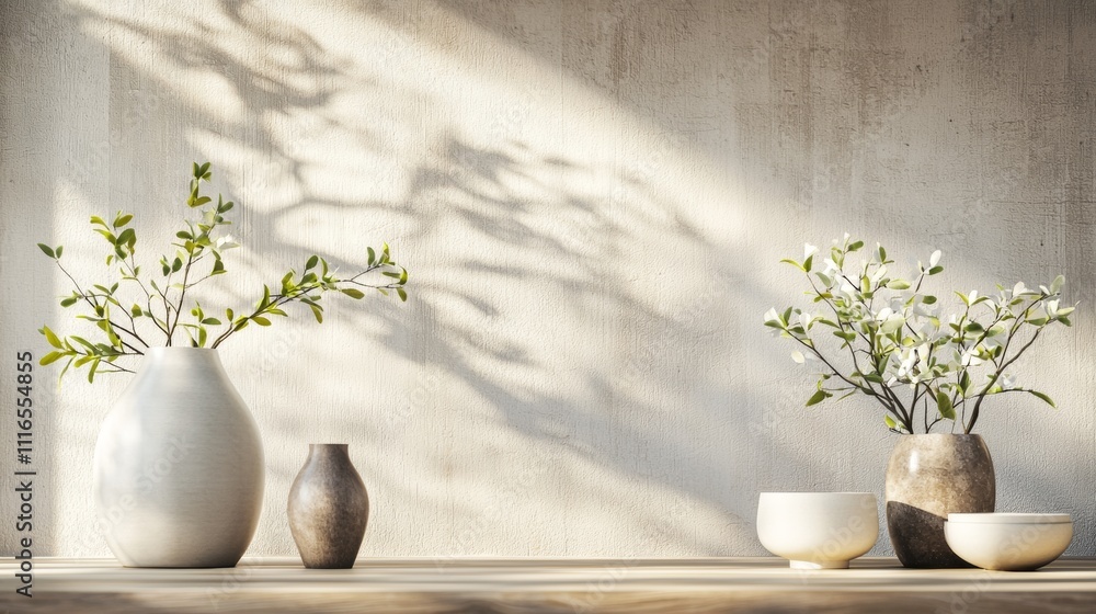 Minimalist ceramic vases with flowers in natural sunlight Minimalist ceramic vases with flowers in natural sunlight