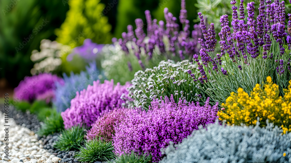 Obraz premium Vibrant flower garden with lavender, heather, and other colorful blooms.