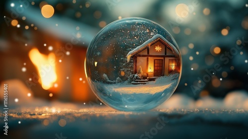 New Year's glass ball lies in the snow against the background of a beautiful Christmas yard with a house and shining lights