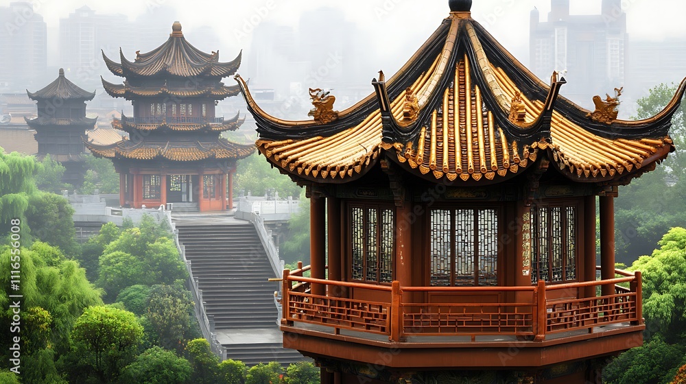 Misty Mountaintop Chinese Pagodas and Lush Greenery Misty Mountaintop Chinese Pagodas and Lush Greenery