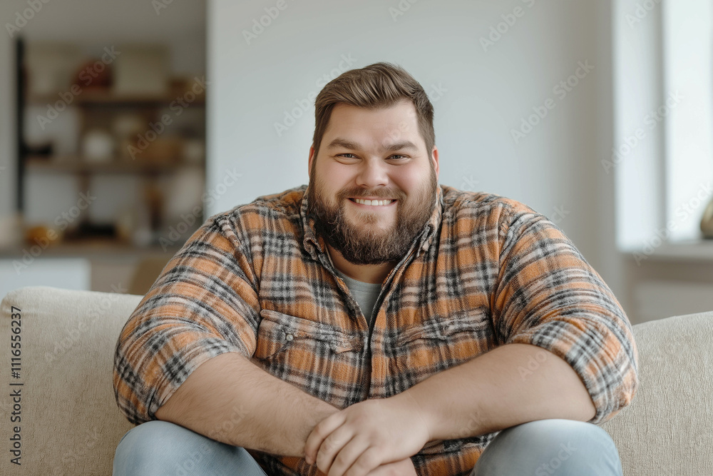 Fototapeta premium An oversized European looking man is sitting on a light sofa and smiling. Close-up. A man in a modern living room. Banner ad.