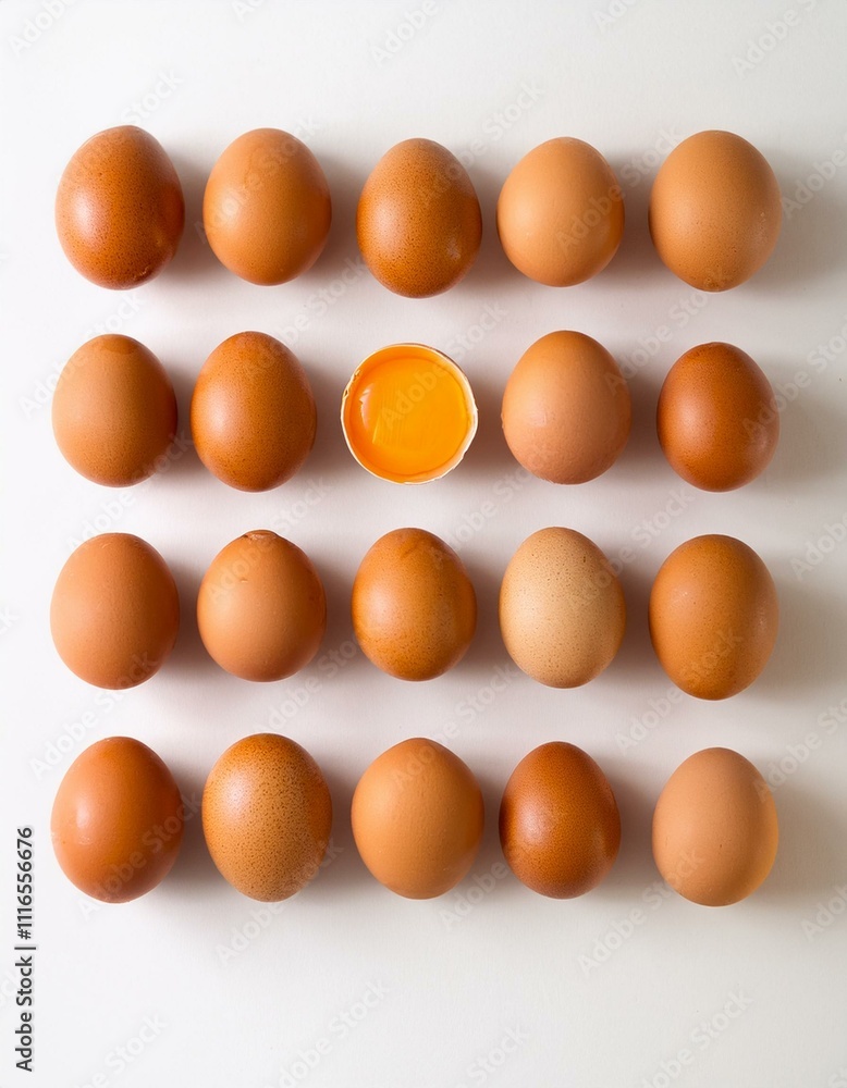A single yolk stands out among a grid of brown eggs. A single yolk stands out among a grid of brown eggs.