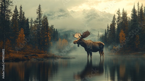 A moose standing majestically by a serene lake