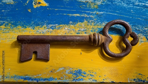 Rustic antique key on vibrant blue and yellow painted wood. photo