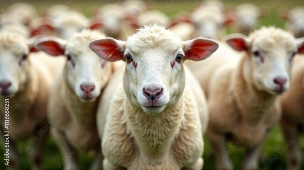 Obraz premium A flock of sheep looking at the camera