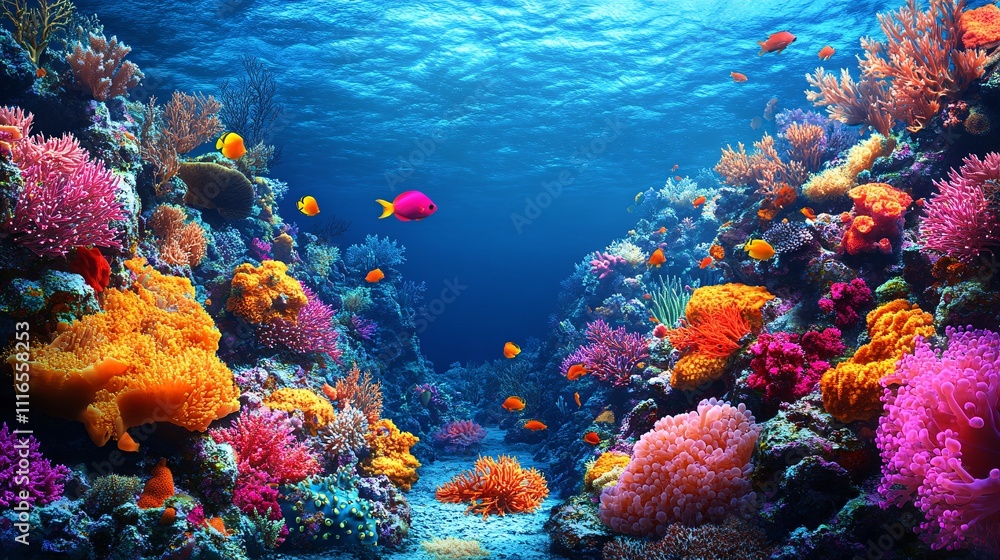 Obraz premium A vibrant underwater scene with marine animals around a coral reef