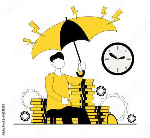 Save the money. A man holds an umbrella over the money