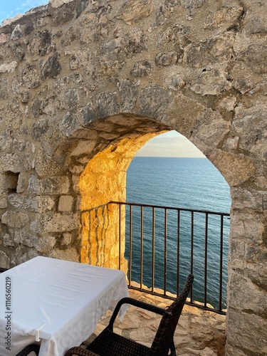 summer coast of Ulcinj at sunset, old town, Montenegro