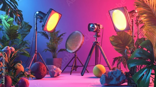 Creative studio setup with colorful lighting and props photo