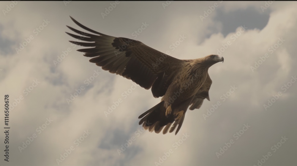 Obraz premium Majestic eagle soaring through a cloudy sky.