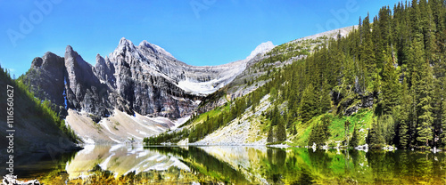 Canada Rocky Mountains landscape with lake and blue sky in summer, panoramic view