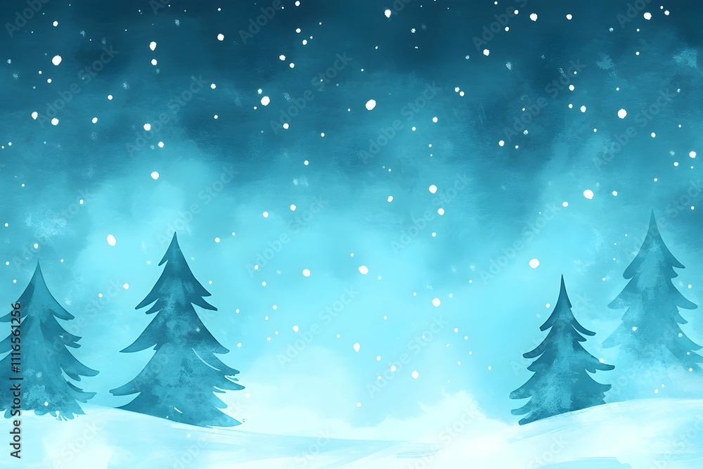Obraz premium Watercolor winter landscape with snowy trees and night sky.