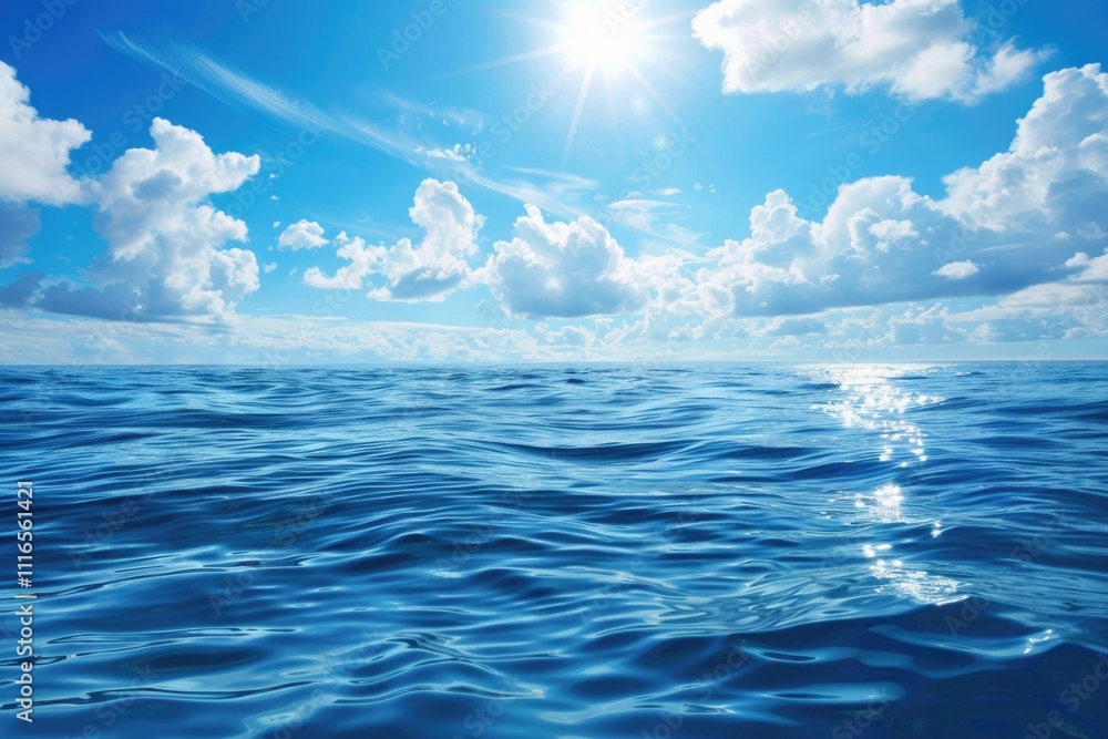 Obraz premium Water Sky. Blue Ocean on Calm Horizon with White Sky Background