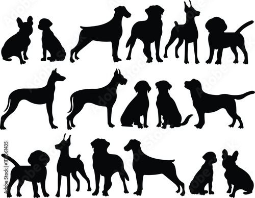 Dog icon in flat style set. Pet, animal, tail, barking, purring, guard, watchdog, guide, courtship, care, training black dog. Vector for apps or website. isolated on transparent background