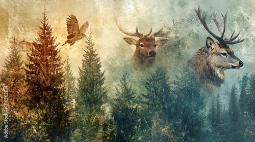 Nature and wildlife collage with overlapping textures of forests and animals. photo