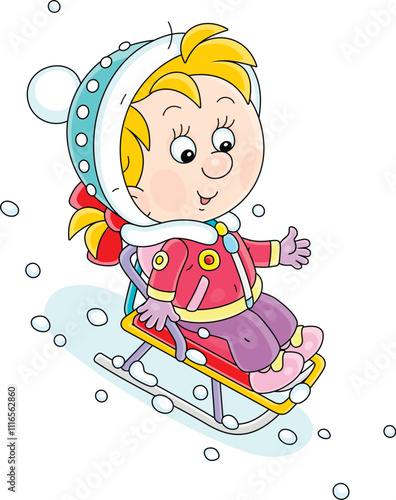 Little girl on her small sled sliding down a snowy slope of a hill on a playground in a winter park, vector cartoon illustration on a white background