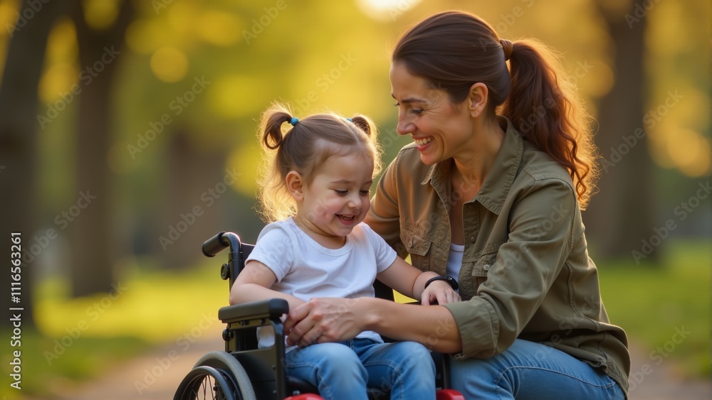 A joyful afternoon in the park with a mother and her smiling child in a wheelchair A joyful afternoon in the park with a mother and her smiling child in a wheelchair