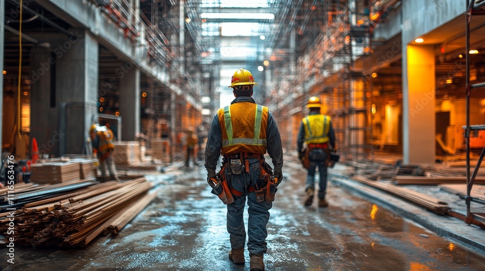 Fototapeta premium Workers in protective gear installing fire prevention systems in construction site