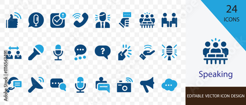 Speaking solid icon set. containing discourse, group talk,  opinion, debate, chat, speech ,  remark, comment and more vector design 