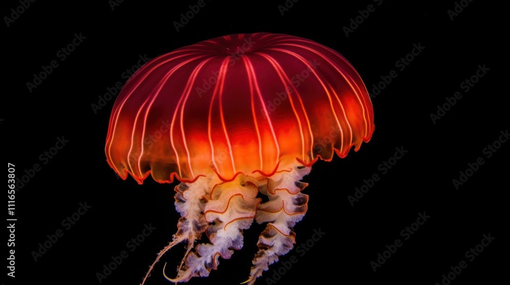 Vibrant Red and Orange Jellyfish Against Black Background. Vibrant Red and Orange Jellyfish Against Black Background.