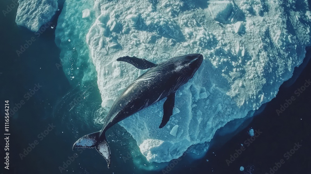 Fototapeta premium Whale Approaching Ice Shelf: A majestic whale swimming toward a towering ice shelf,