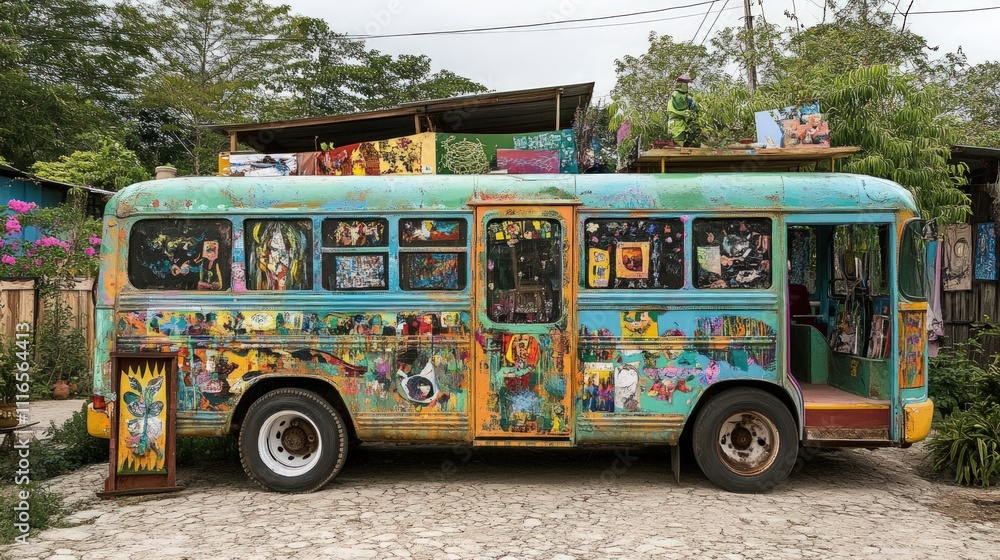 Fototapeta premium Colorful, art-covered bus parked outdoors.