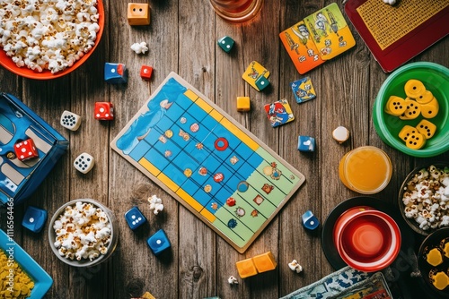 Board game night with friends, popcorn, drinks, and colorful game pieces on a wooden table.