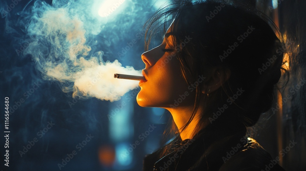 Fototapeta premium Woman smoking cigarette at night, profile view, backlit by city lights.