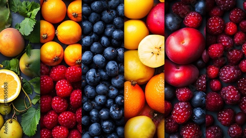 Vibrant fruit collage with a mix of bright fruits and berries.