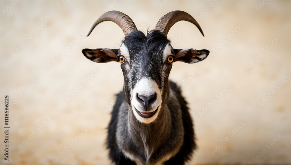 Smiling Goat Portrait: A close-up portrait of a friendly goat with a playful smile, showcasing its curious and expressive nature. The goat's black and white fur, prominent horns. Smiling Goat Portrait: A close-up portrait of a friendly goat with a playful smile, showcasing its curious and expressive nature. The goat's black and white fur, prominent horns.