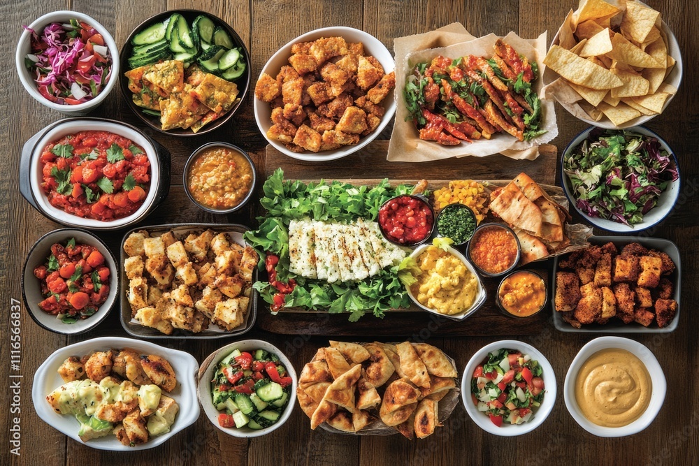 Mediterranean mezze with halloumi dips salads and croutons. Mediterranean mezze with halloumi dips salads and croutons.