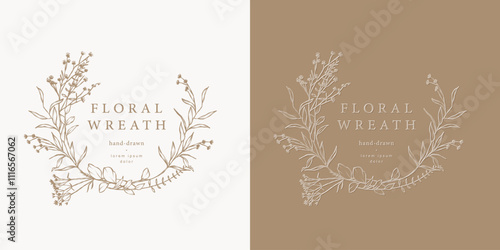 Flower frame. Hand drawn wreath with wild flowers and herbs. Elegant floral logo template. Vector botanical illustration for label, corporate identity, wedding invitation, monogram, emblem