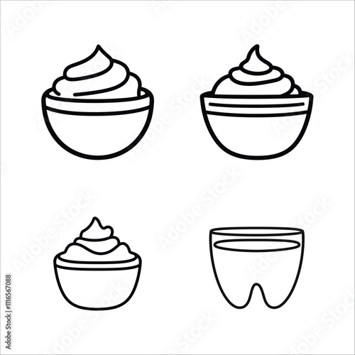 A pack of fresh cream in modern style, premium vector, Bowl Sauce for mayonnaise, ketchup, yogurt, and cream Icons. Vector set, Cream bowl outline vector icon. Symbol, logo illustration. 