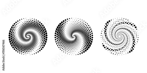 Set of black dotted vortex shapes. Geometric art. Halftone dots. Trendy design element for logo, tattoo, sign, symbol, web, prints, posters, social media, template, pattern, abstract backdrop