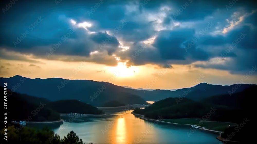 Serene sunset over a tranquil mountain lake, with dramatic clouds and reflections. Serene sunset over a tranquil mountain lake, with dramatic clouds and reflections.