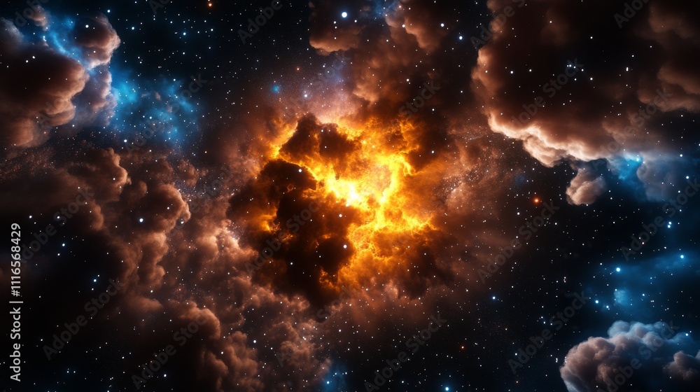 Obraz premium Cosmic Explosion in Deep Space - A vibrant explosion of stars and gases in the cosmos, with fiery orange and dark clouds amidst sparkling celestial bodies capturing the essence of a stellar formation.