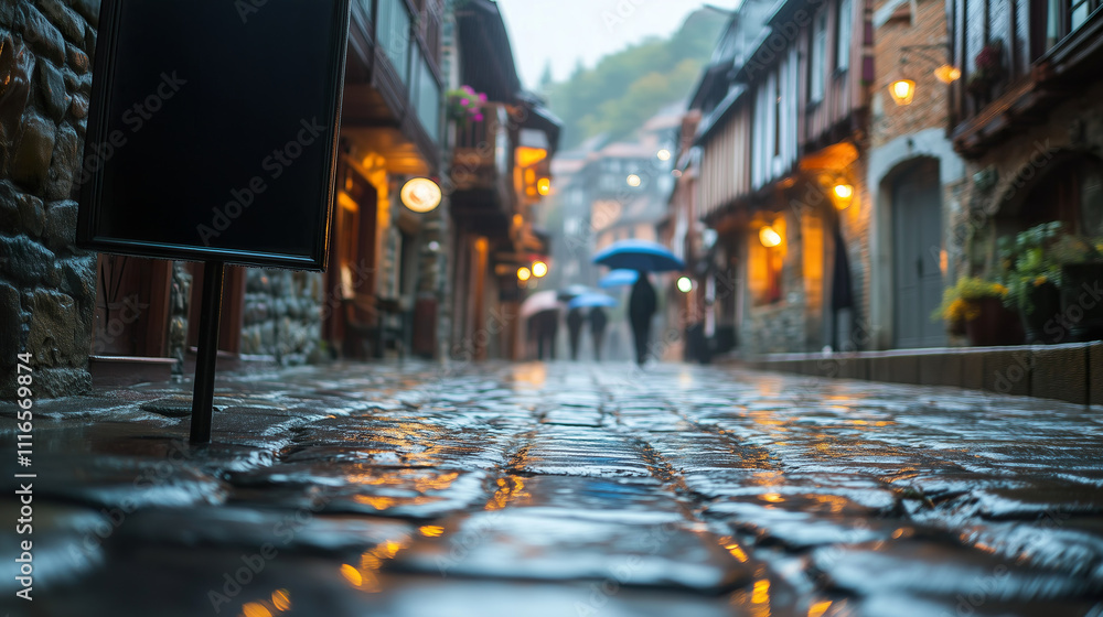 Obraz premium Rainy Evening on Cobblestone Street in Quaint Village